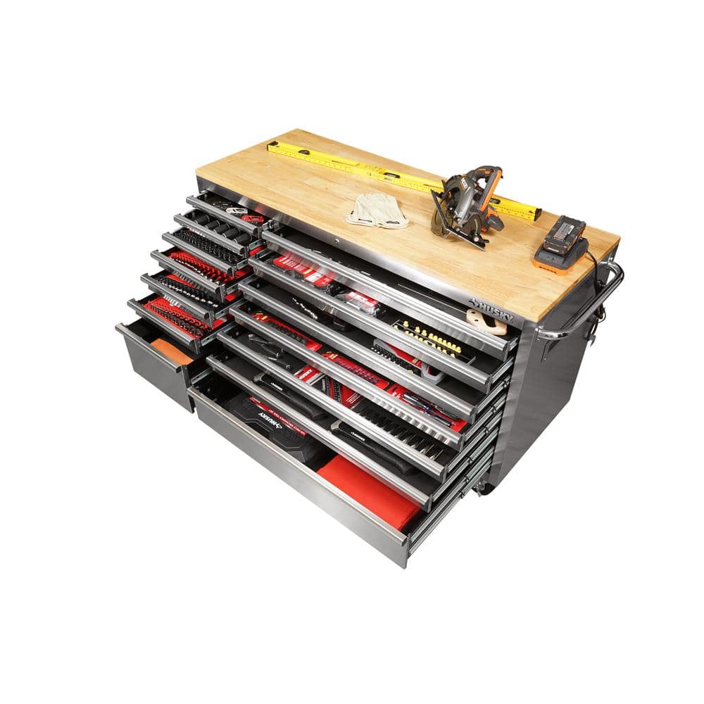 62 in. W x 24 in. D Standard Duty 14 Drawer Mobile Workbench Tool Chest with Solid Top and Pegboard in. Stainless Steel