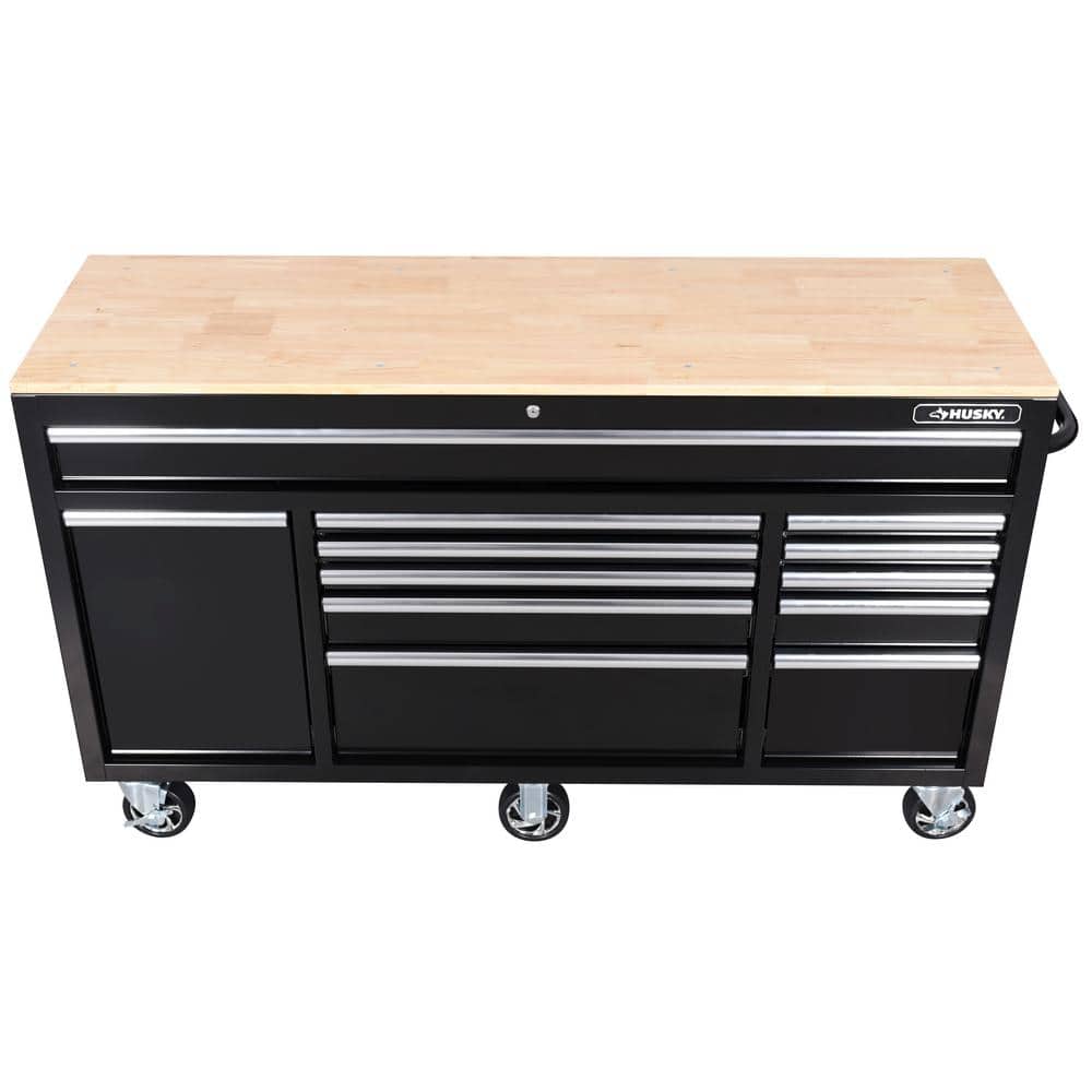 62 in. W x 20 in. D 12 Drawer Gloss Black Mobile Workbench Cabinet with Solid Wood Top and Power Drawer