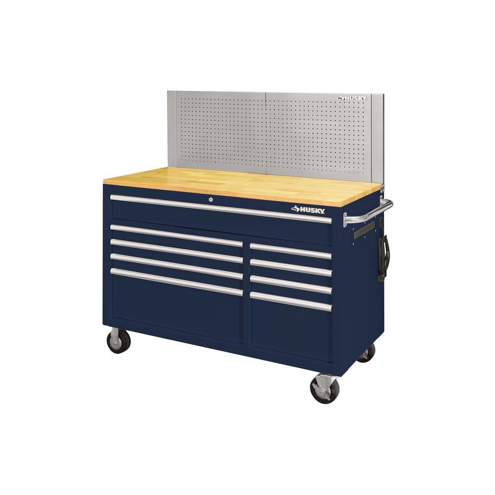 52 in. W x 24 5 in. D 9 Drawer Standard Duty Mobile Workbench with Solid Work Top and Pegboard in. Gloss Blue