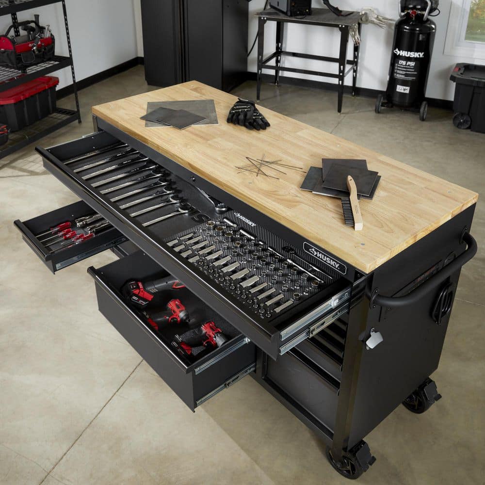 61 in. W x 23 in. D Heavy Duty 15 Drawer Mobile Workbench Tool Chest with Solid Wood Top in. Matte Black