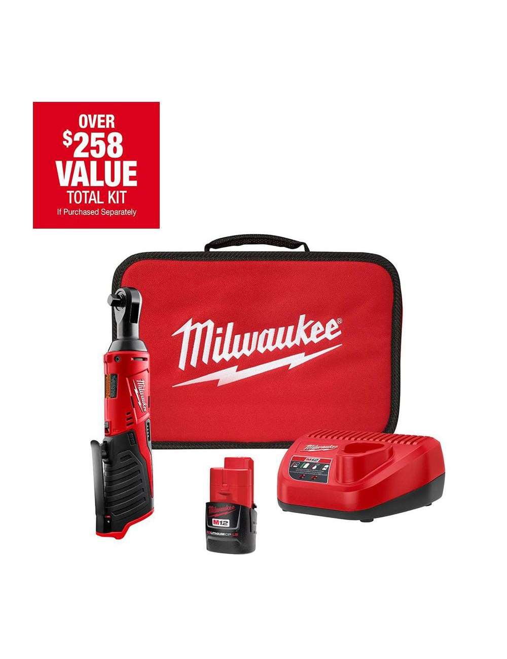 M12 12V Lithium-Ion Cordless 3/8 in. Ratchet Kit with One 1.5 Ah Battery, Charger and Tool Bag
