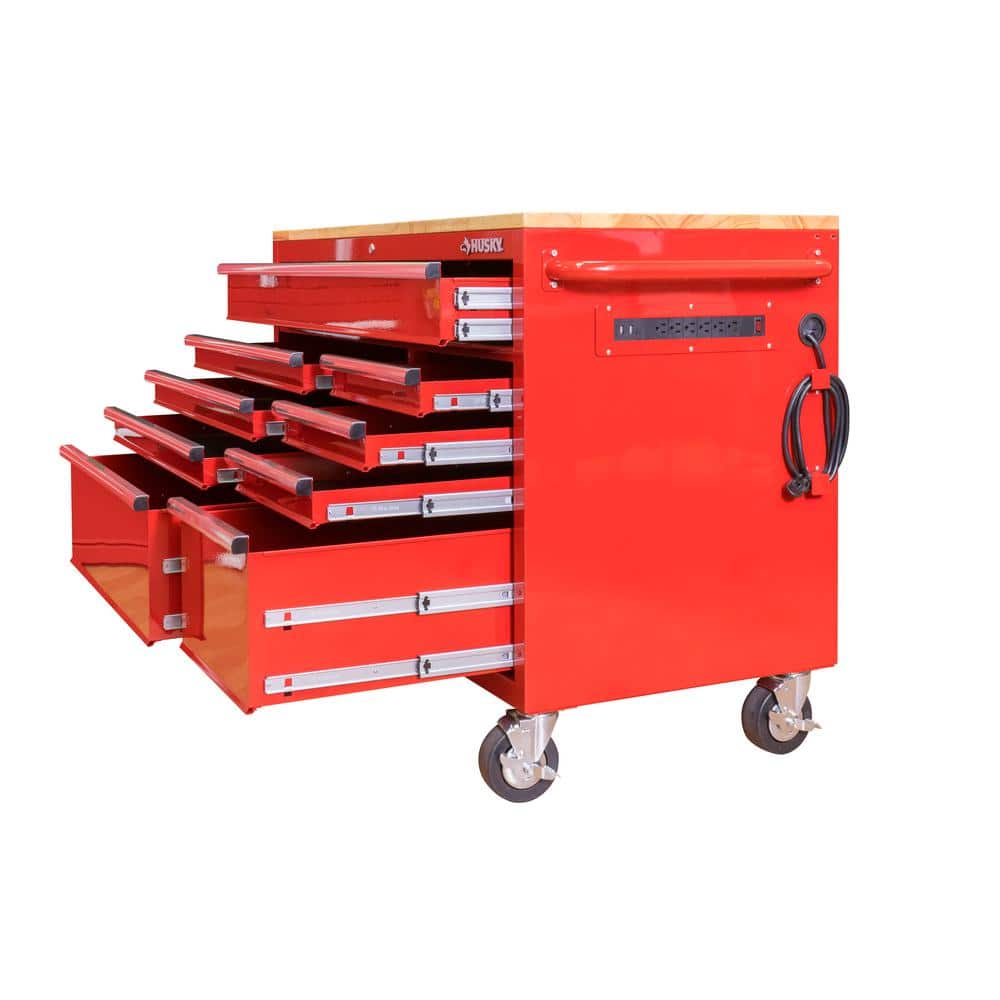 52 in. W x 24 5 in. D 9 Drawer Standard Duty Mobile Workbench Tool Chest with Solid Work Top and Pegboard in. Gloss Red