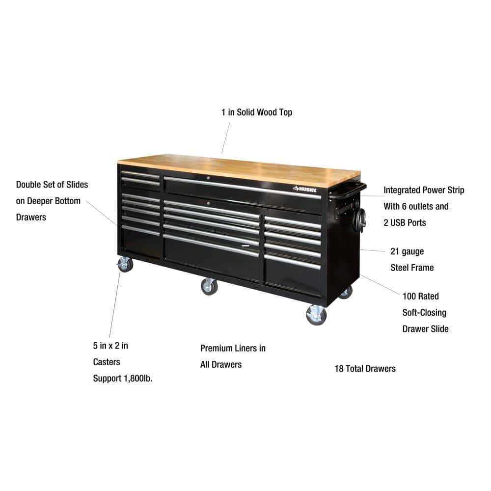 72 in. W x 24 in. D Standard Duty 18 Drawer Mobile Workbench Tool Chest with Solid Wood Top in. Gloss Black