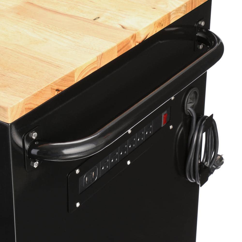 62 in. W x 24 in. D Standard Duty 14 Drawer Mobile Workbench Tool Chest with Solid Wood Top and Pegboard in. Gloss Black