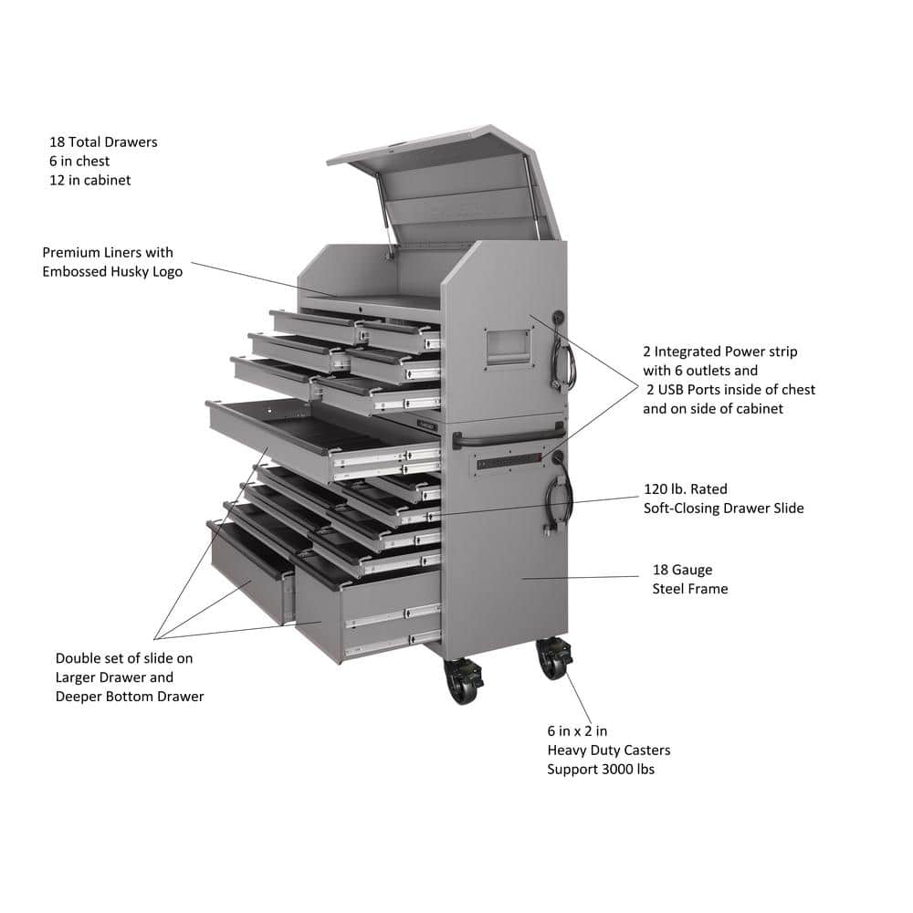 56 in. W x 22 in. D Heavy Duty 18 Drawer Combination Rolling Tool Chest and Top Tool Cabinet Set in. Matte Gray