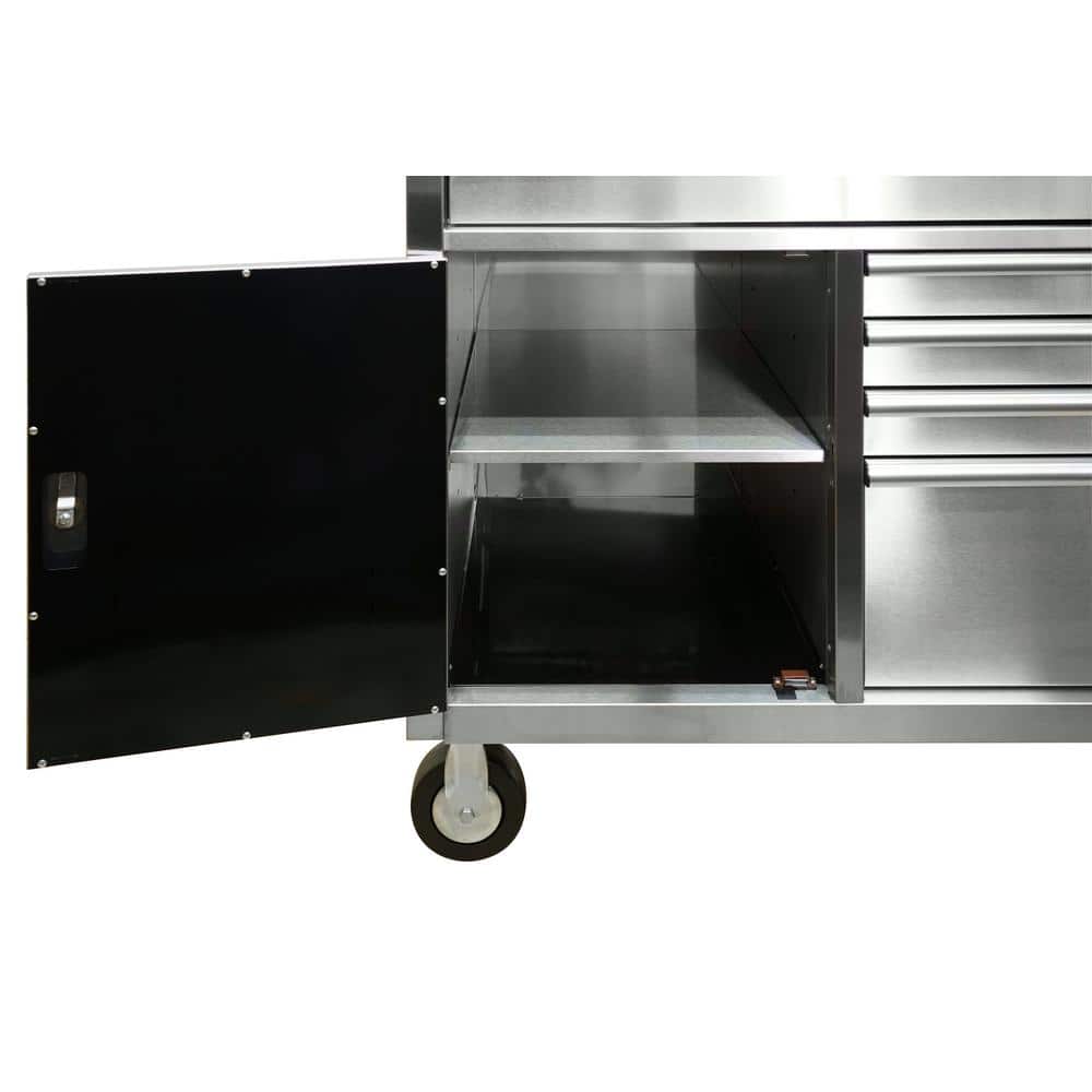 52 in. W x 25 in. D Standard Duty 5 Drawer 1 Door Mobile Workbench Tool Chest with Solid Wood Top in. Stainless Steel