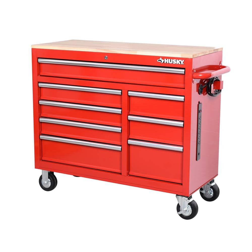 42 in. W x 18 1 in. D 8 Drawer Red Mobile Workbench Cabinet with Solid Wood Top