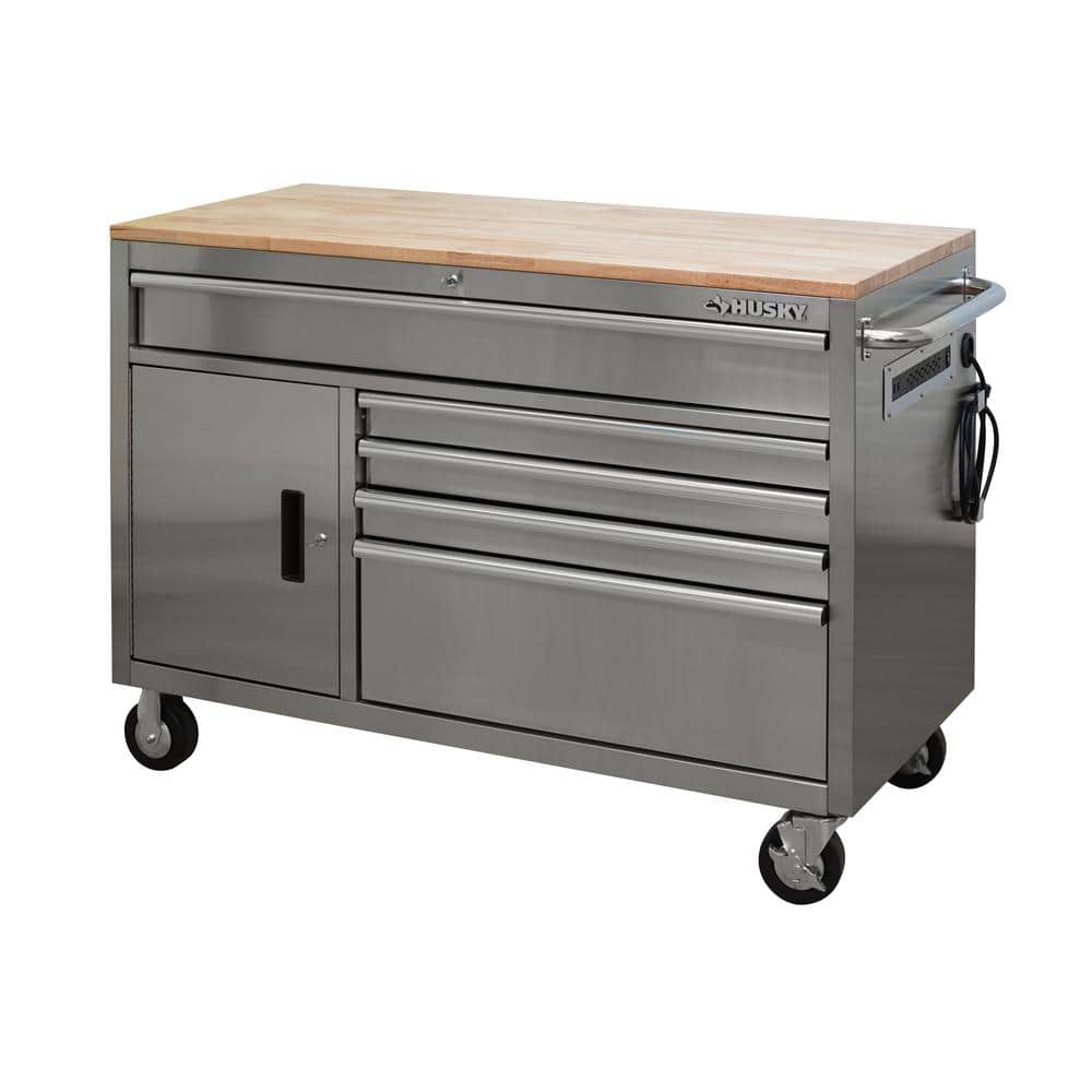 52 in. W x 25 in. D Standard Duty 5 Drawer 1 Door Mobile Workbench Tool Chest with Solid Wood Top in. Stainless Steel