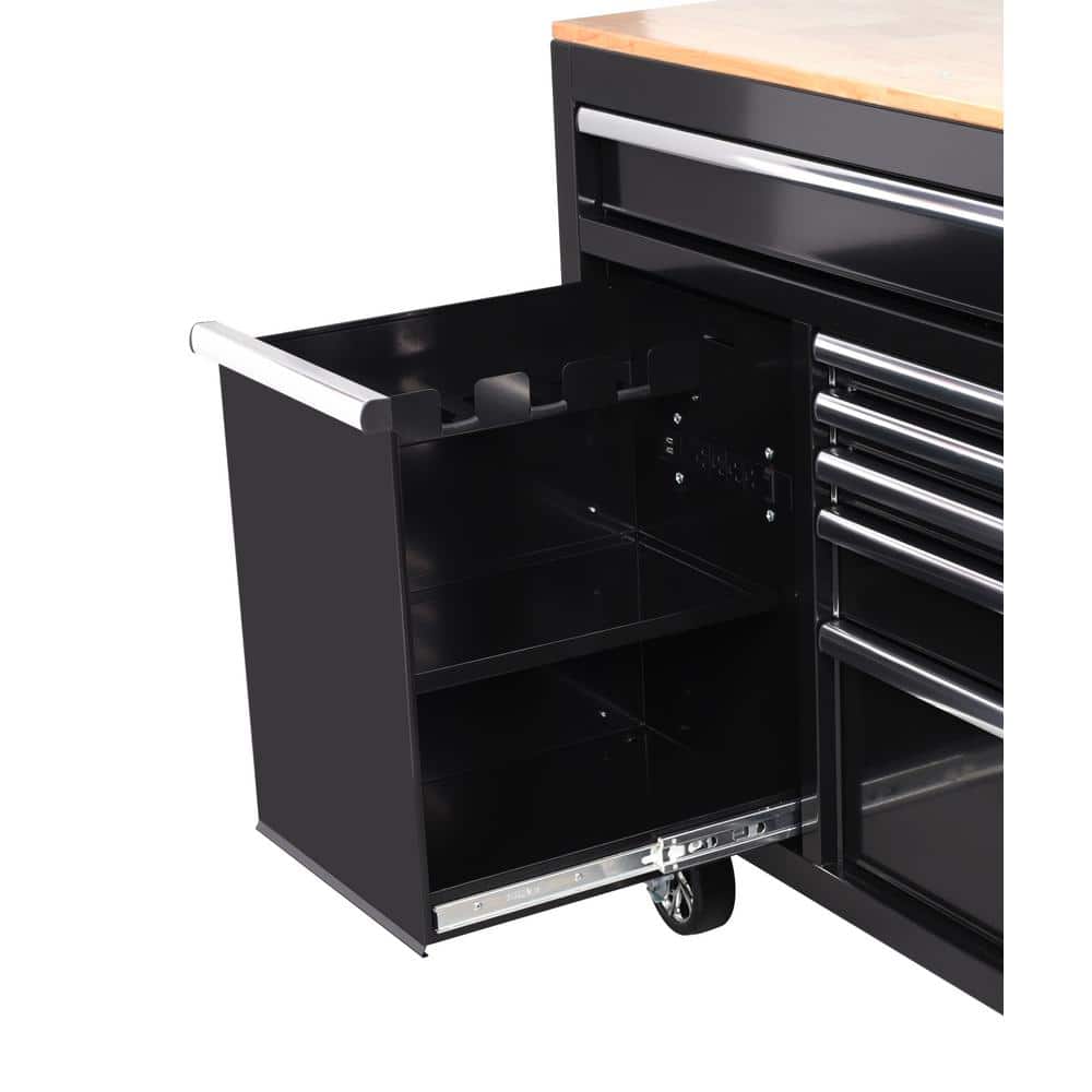 62 in. W x 20 in. D 12 Drawer Gloss Black Mobile Workbench Cabinet with Solid Wood Top and Power Drawer