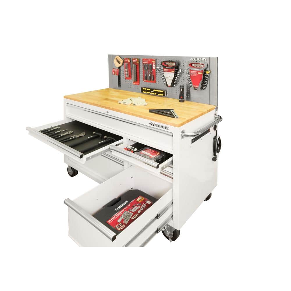 52 in. W x 24 5 in. D 9 Drawer Standard Duty Mobile Workbench Tool Chest with Solid Work Top and Pegboard in. Gloss White