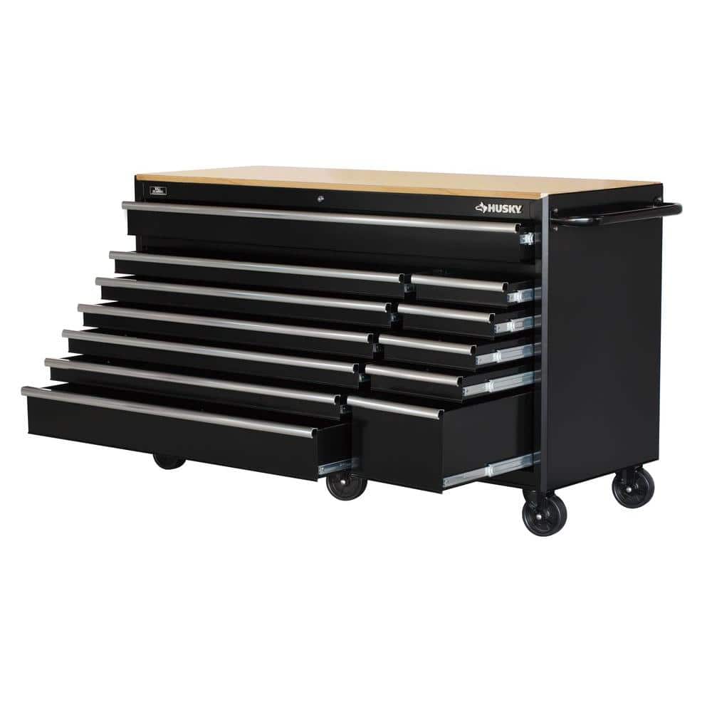 66 in. W x 24 in. D Standard Duty 12 Drawer Mobile Workbench Tool Chest with Solid Wood Top in. Gloss Black