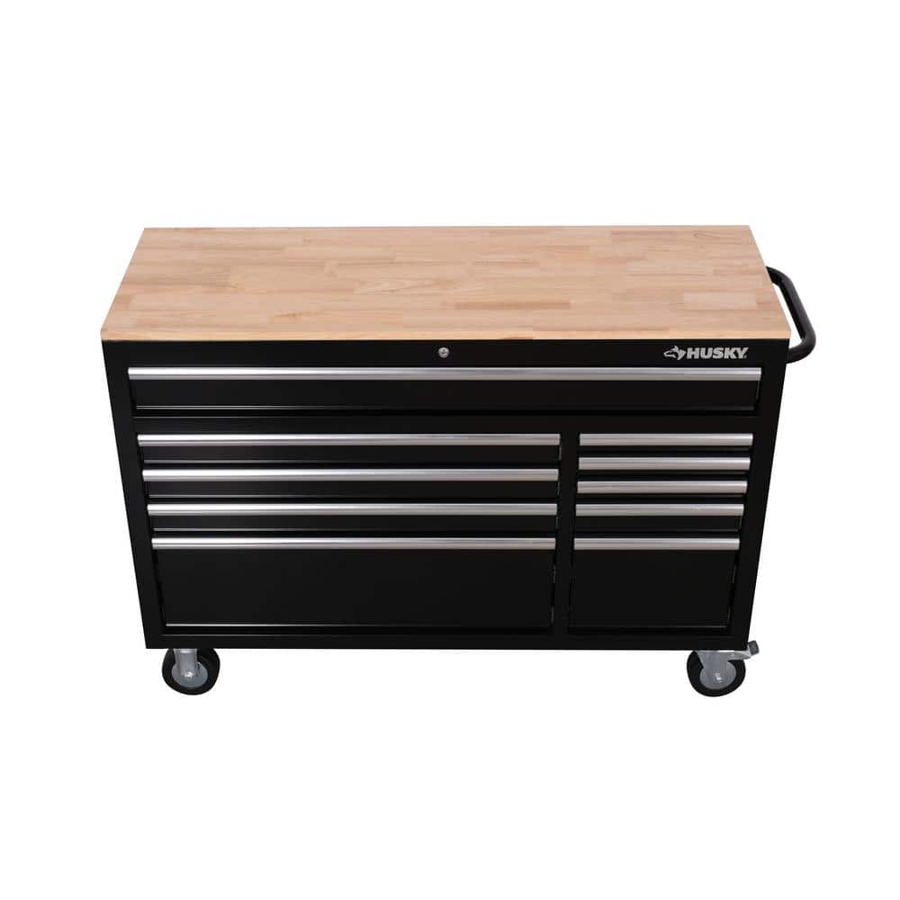 Modular 52 in. W 10 Drawer Black Mobile Workbench Cabinet with Solid Wood Top