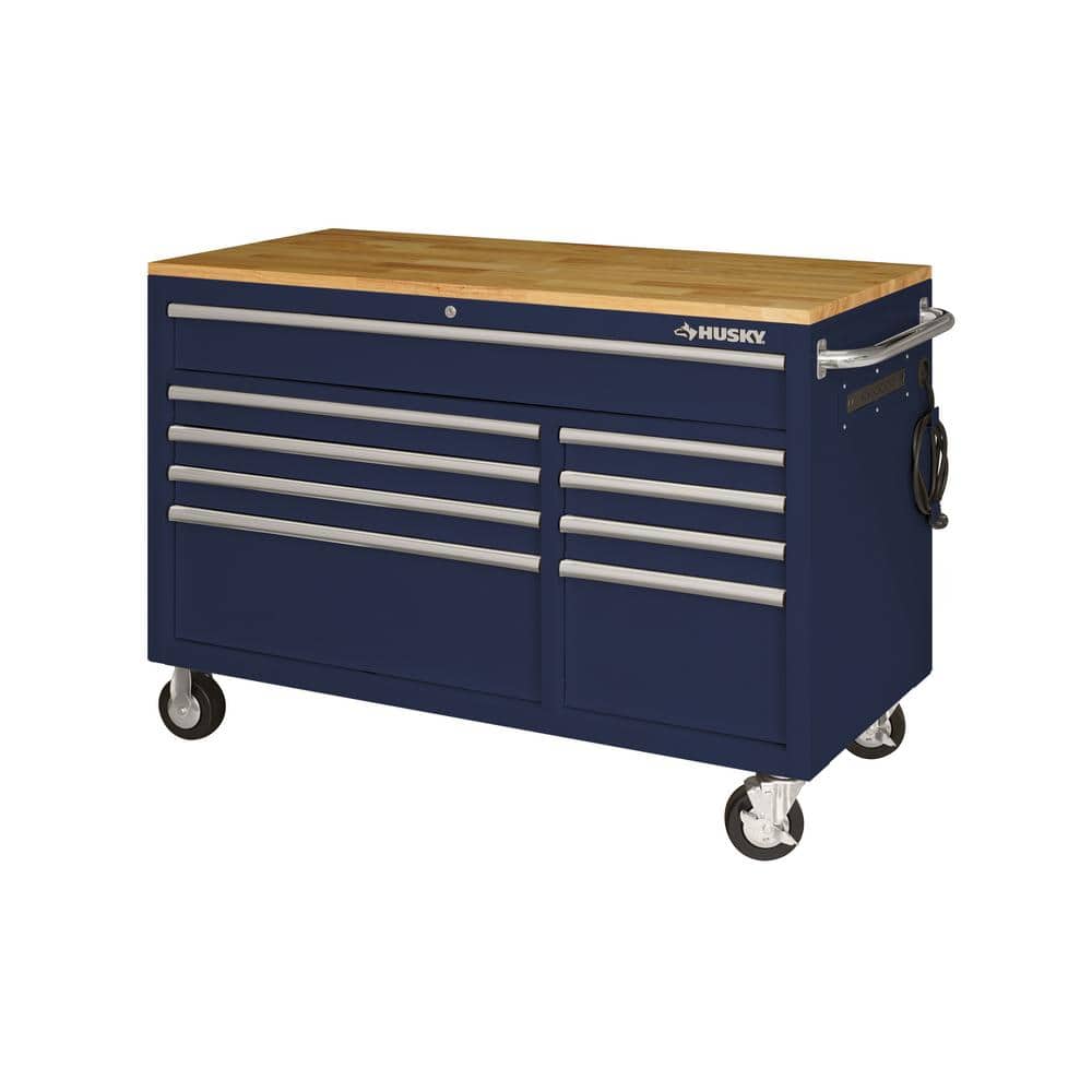 52 in. W x 25 in. D Standard Duty 9 Drawer Mobile Workbench Cabinet with Solid Wood Top in. Gloss Gray