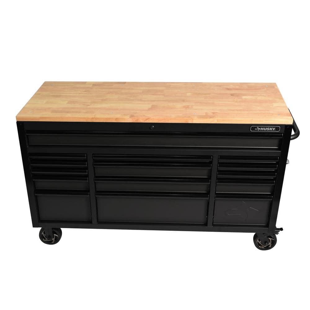61 in. W x 23 in. D Heavy Duty 15 Drawer Mobile Workbench Tool Chest with Solid Wood Top in. Matte Black