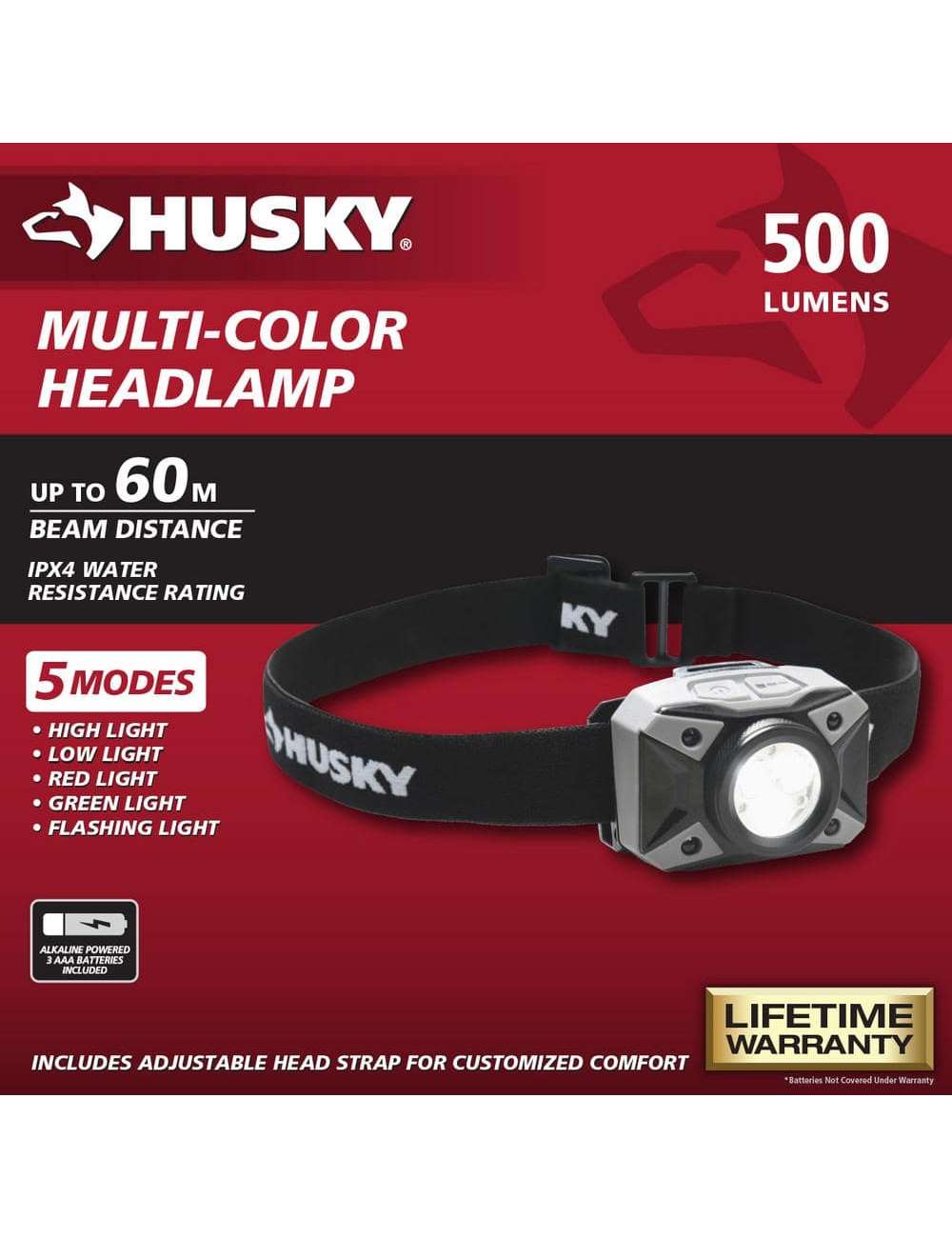 500-Lumens Dual Beam LED Headlamp 5 modes Impact and Water Resistant with Batteries