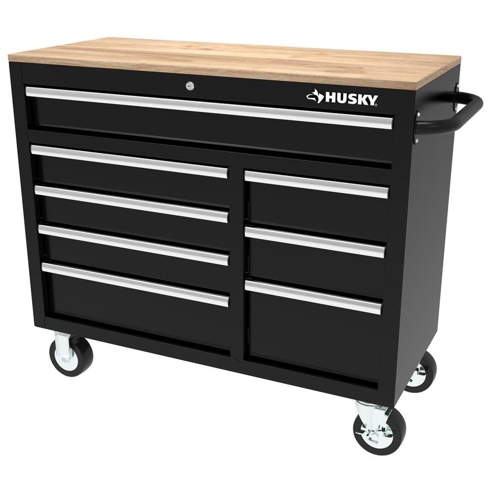 42 in. W x 18 1 in. D 8 Drawer Black Mobile Workbench Cabinet with Solid Wood Top