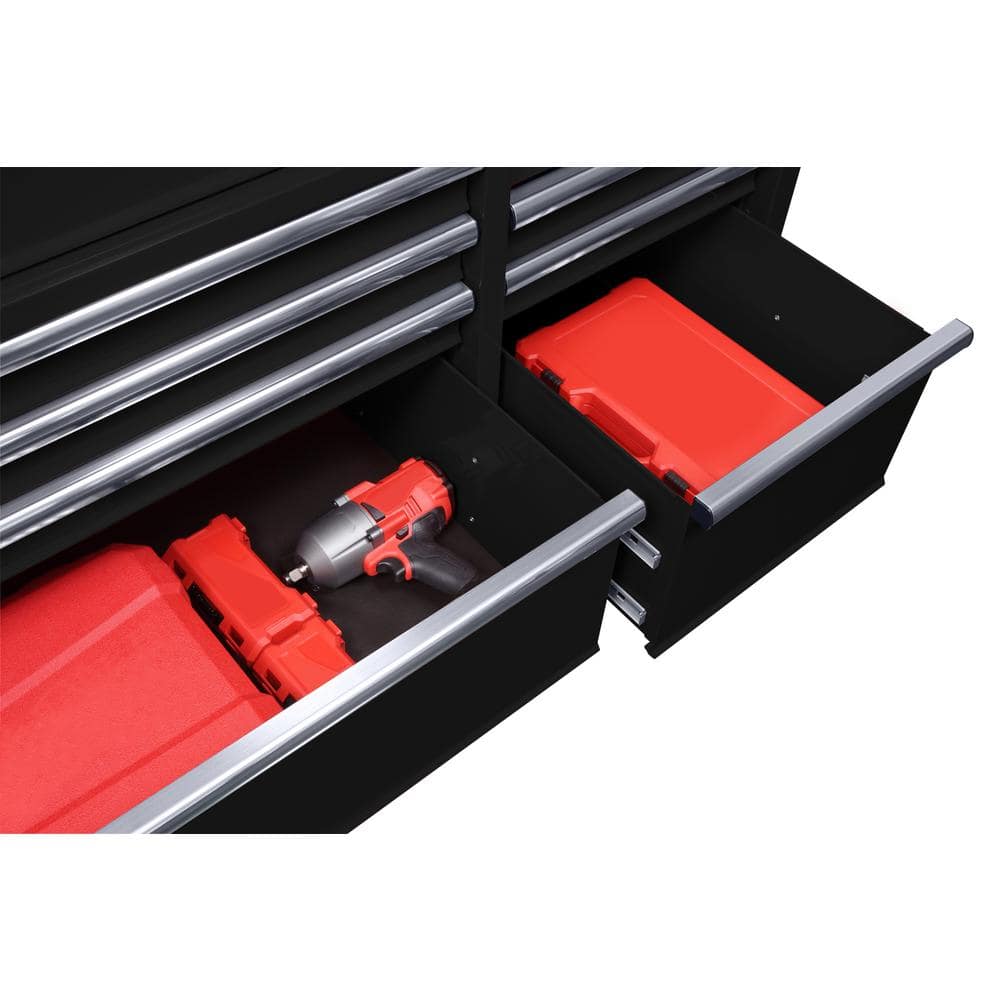 52 in. W x 25 in. D Standard Duty 9 Drawer Mobile Workbench Tool Chest with Solid Wood Top in. Gloss Black