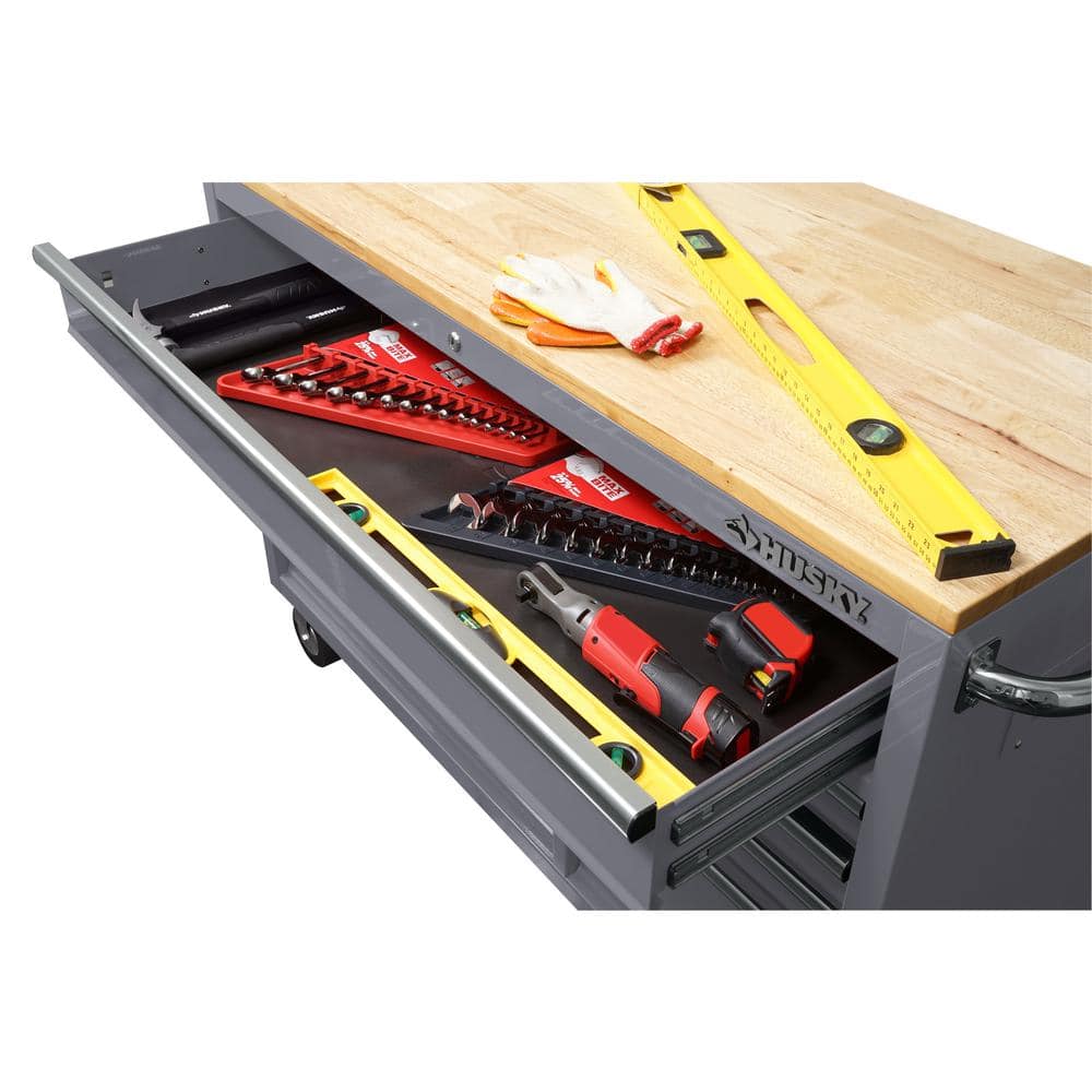 52 in. W x 24 5 in. D 9 Drawer Standard Duty Mobile Workbench Tool Chest with Solid Wood Top and Pegboard in. Gloss Gray