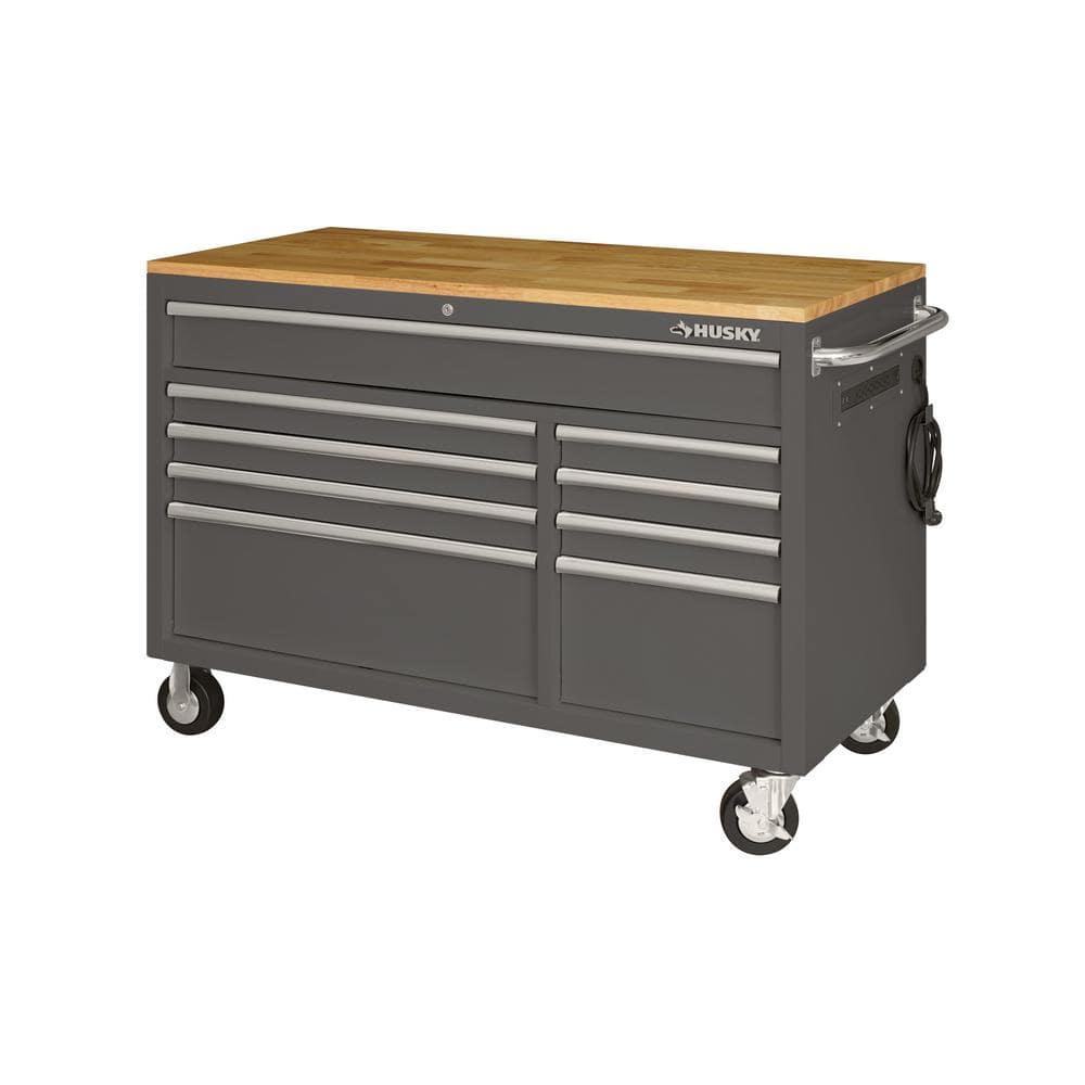 52 in. W x 25 in. D Standard Duty 9 Drawer Mobile Workbench Cabinet with Solid Wood Top in. Gloss Gray