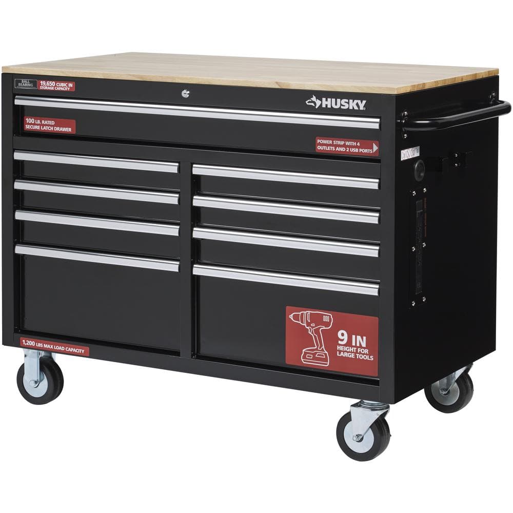 46 in. W x 24 5 in. D Standard Duty 9 Drawer Mobile Workbench Cabinet with Solid Wood Top in. Gloss Black