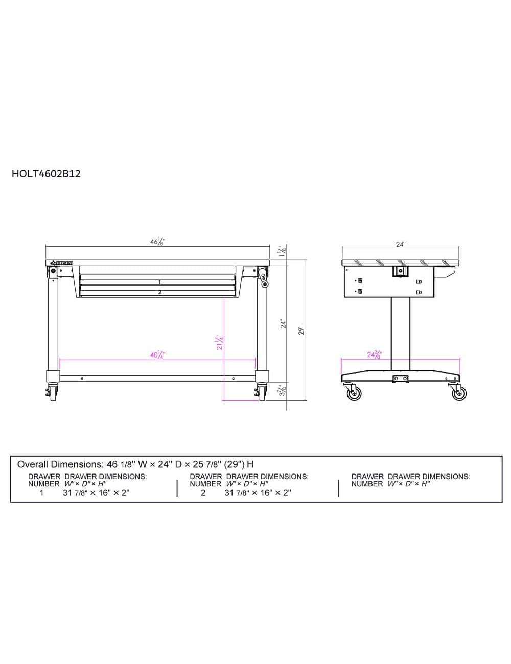 46 in. Adjustable Height Work Table with 2-Drawers in White