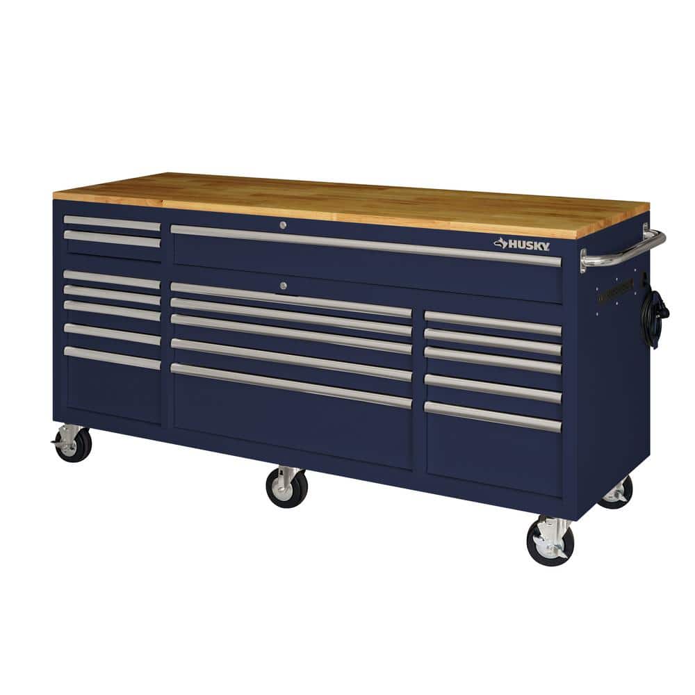 72 in. W x 24 in. D Standard Duty 18 Drawer Mobile Workbench Tool Chest with Solid Wood Top in. Gloss Black