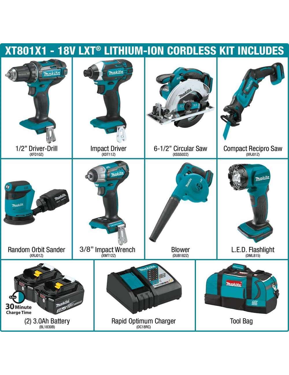 18V LXT Lithium-Ion 8-Piece Kit Drill/ Impact Drvr/ Circ Saw/ Recip Saw/ Sander/ Impact Wrench/ Blower/ Light 3. 0Ah