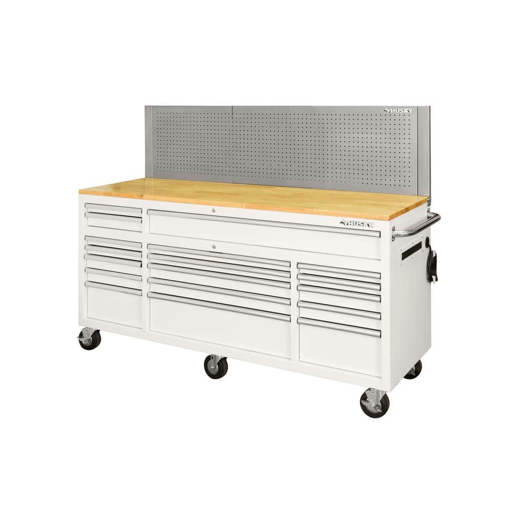 72 in. W x 24 in. D 18 Drawer Standard Duty Mobile Workbench Tool Chest with Solid Wood Top and Pegboard in. Gloss White