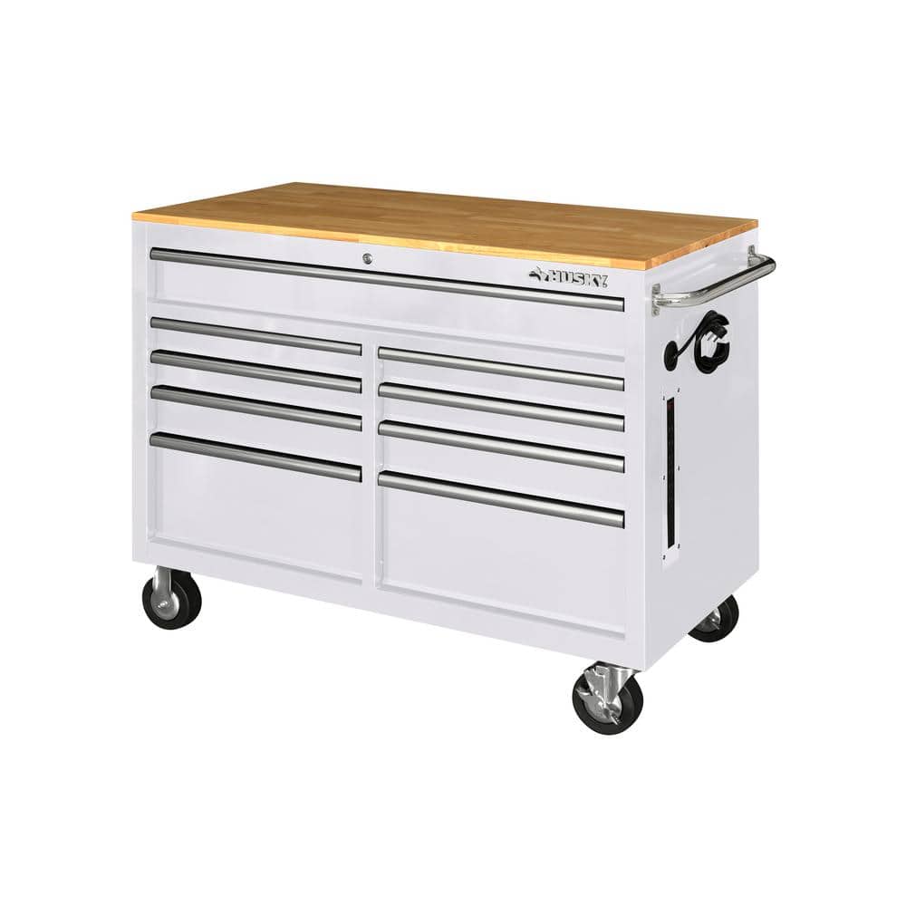 46 in. W x 24 5 in. D Standard Duty 9 Drawer Mobile Workbench Tool Chest with Solid Wood Top in. Gloss White