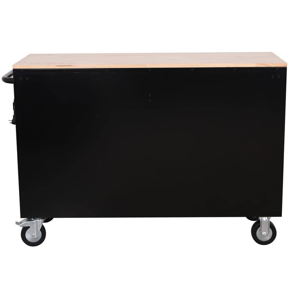 Modular 52 in. W 10 Drawer Black Mobile Workbench Cabinet with Solid Wood Top
