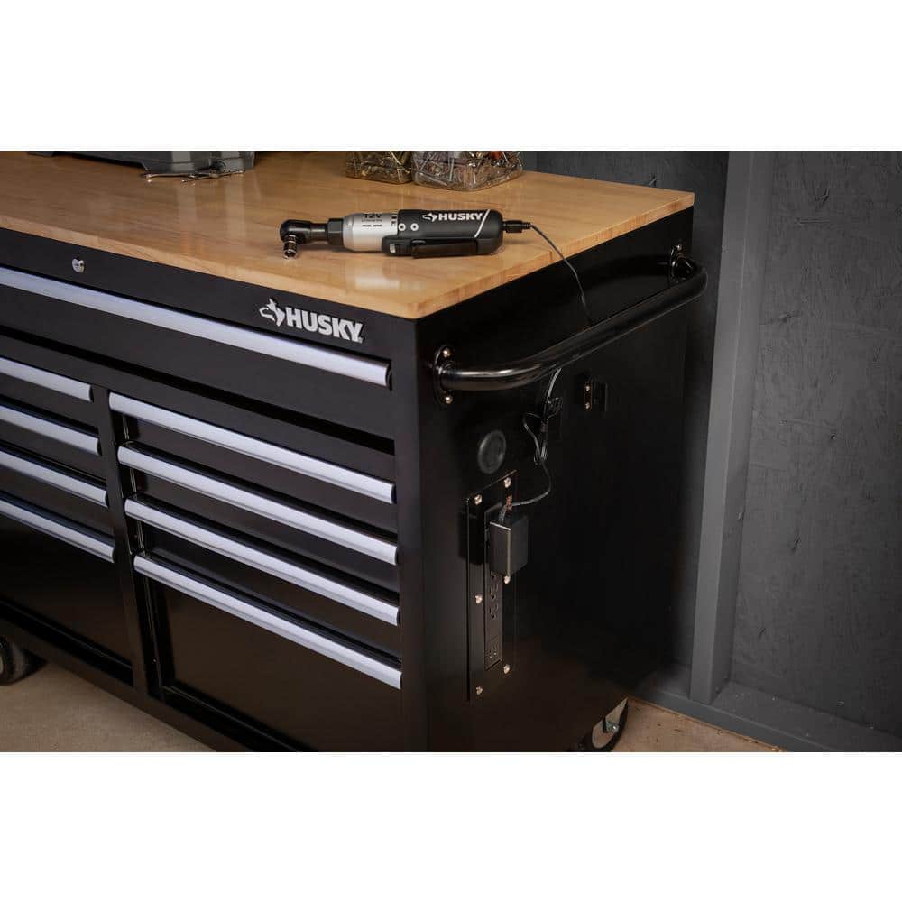 46 in. W x 24 5 in. D Standard Duty 9 Drawer Mobile Workbench Cabinet with Solid Wood Top in. Gloss Black