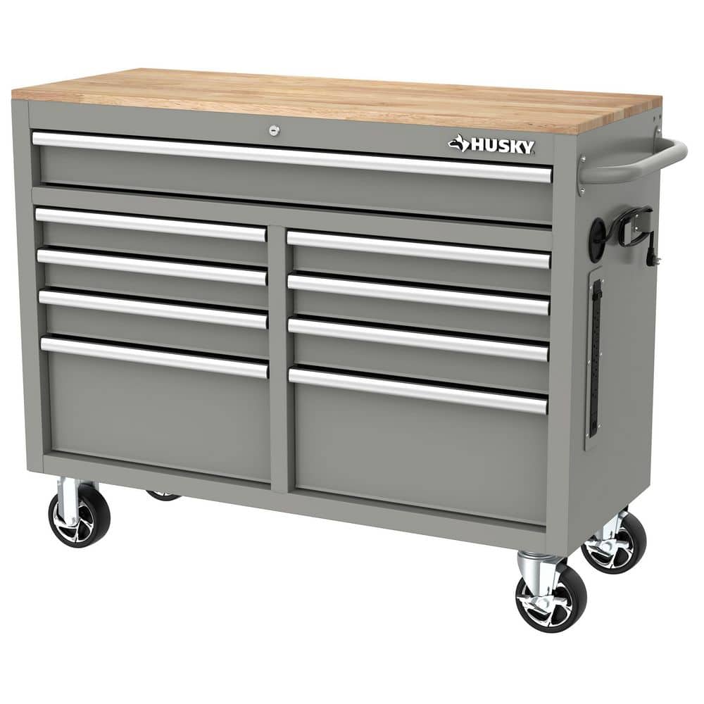 46 in. W x 18 in. D 9 Drawer Gloss Gray Mobile Workbench Cabinet with Solid Wood Top