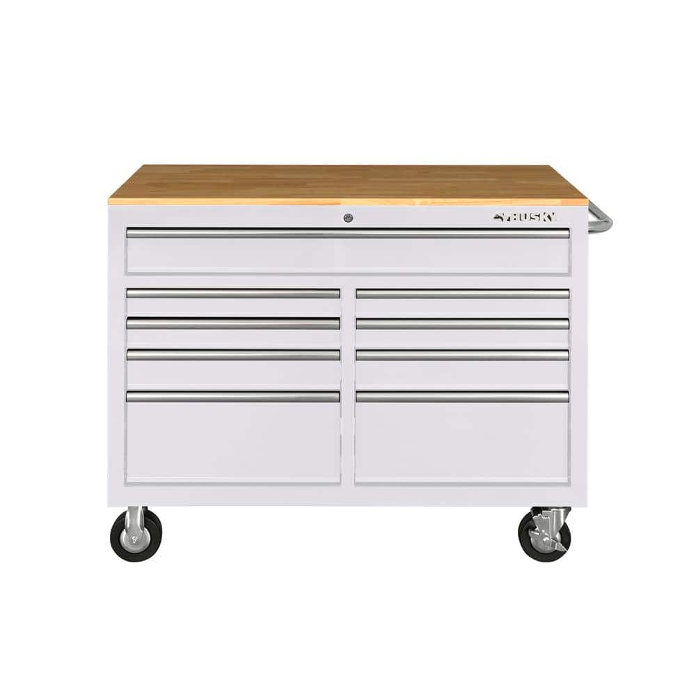 46 in. W x 24 5 in. D Standard Duty 9 Drawer Mobile Workbench Tool Chest with Solid Wood Top in. Gloss White
