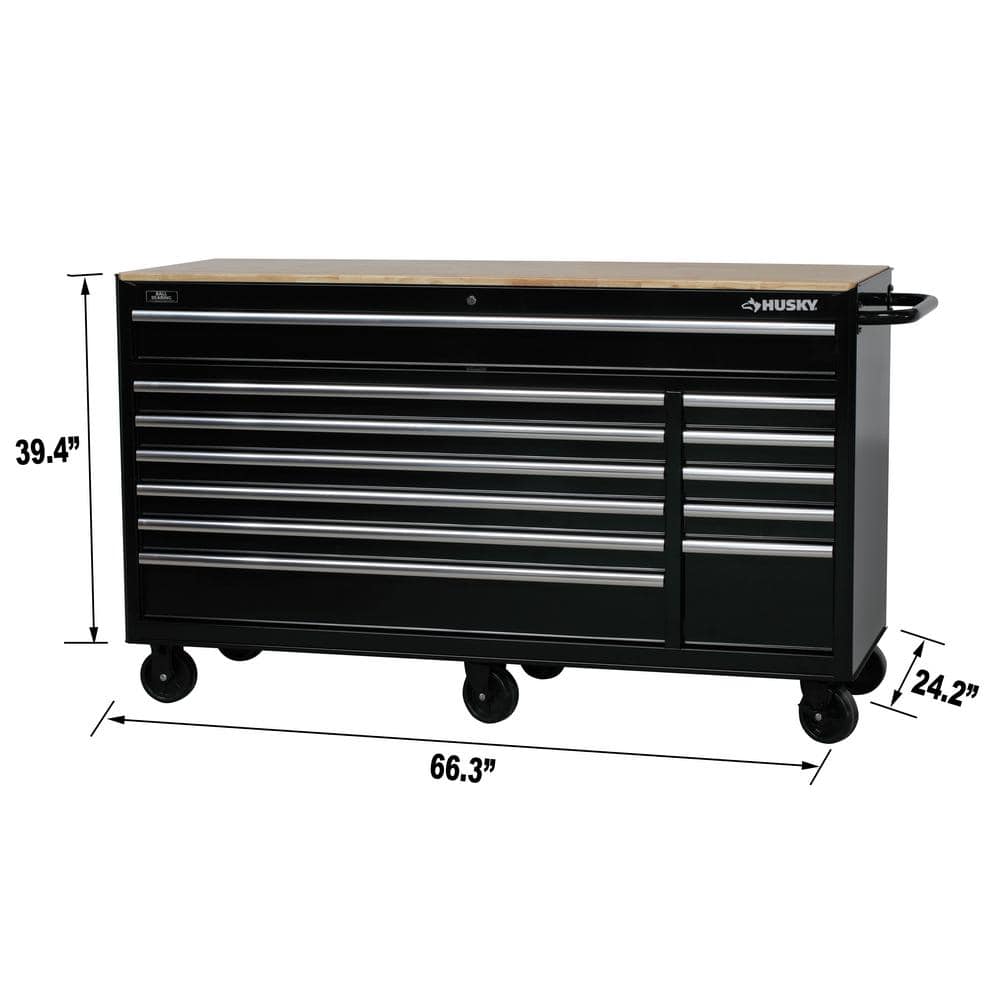 66 in. W x 24 in. D Standard Duty 12 Drawer Mobile Workbench Tool Chest with Solid Wood Top in. Gloss Black