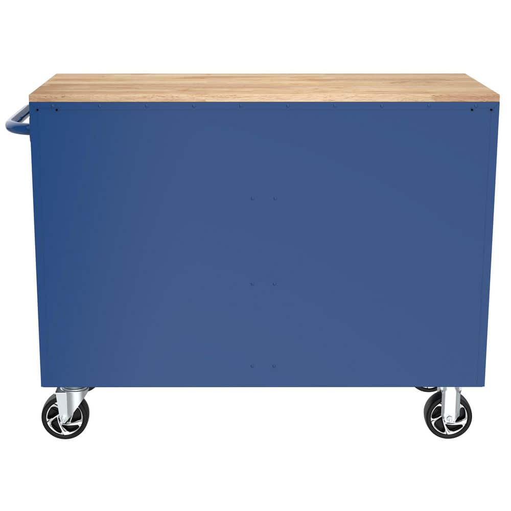 46 in. W x 18 in. D 9 Drawer Gloss Blue Mobile Workbench Cabinet with Solid Wood Top