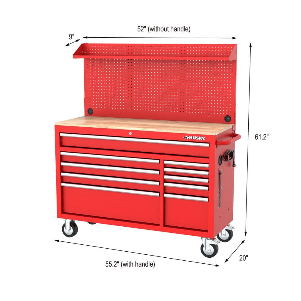Modular 52 in. W 10 Drawer Red Mobile Workbench Cabinet with Pegboard
