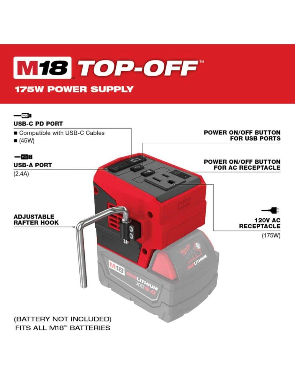 M18 18-Volt 175-Watt Lithium-Ion Powered Compact Inverter with 6.0 Ah Battery