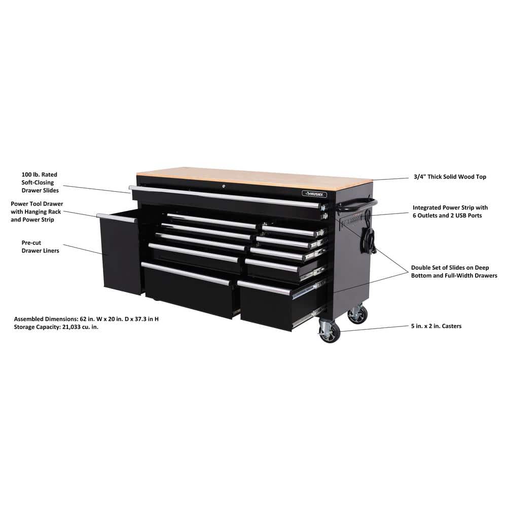 62 in. W x 20 in. D 12 Drawer Gloss Black Mobile Workbench Cabinet with Solid Wood Top and Power Drawer