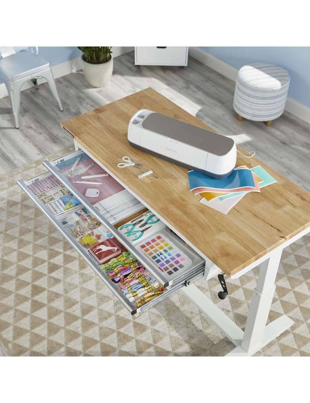 52 in. W x 24 in. D Steel 2-Drawer Adjustable Height Solid Wood Top Workbench Table in White