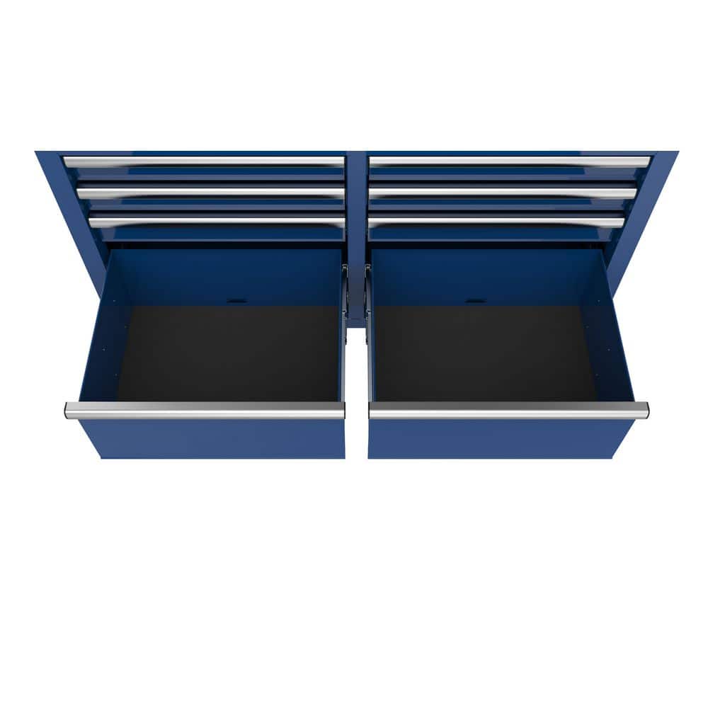 46 in. W x 18 in. D 9 Drawer Gloss Blue Mobile Workbench Cabinet with Solid Wood Top