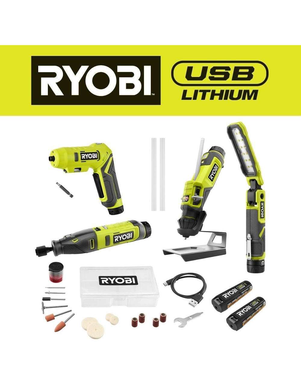 USB Lithium Project Kit with Rotary Tool, Inspection Light, Screwdriver, Glue Pen, (2) 2 Ah Batteries, & Charging Cable