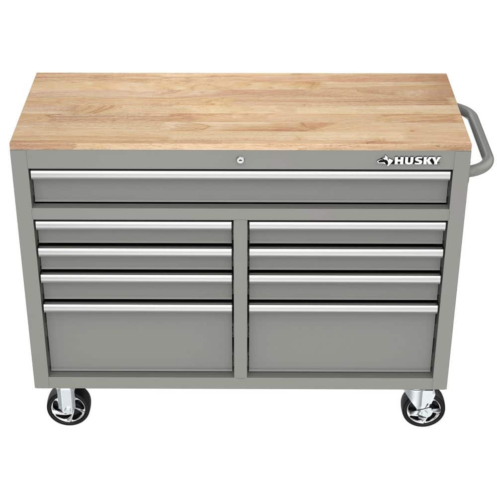 46 in. W x 18 in. D 9 Drawer Gloss Gray Mobile Workbench Cabinet with Solid Wood Top