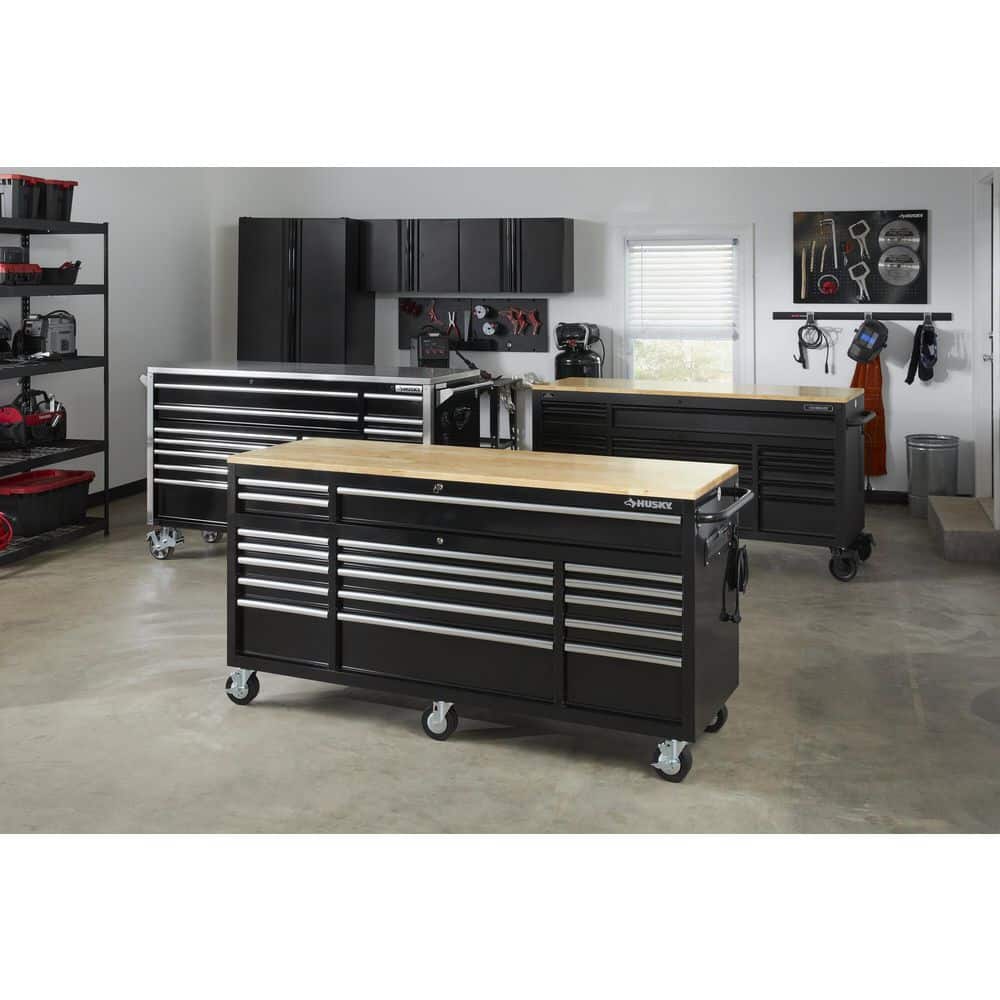 72 in. W x 24 in. D Standard Duty 18 Drawer Mobile Workbench Tool Chest with Solid Wood Top in. Gloss Black