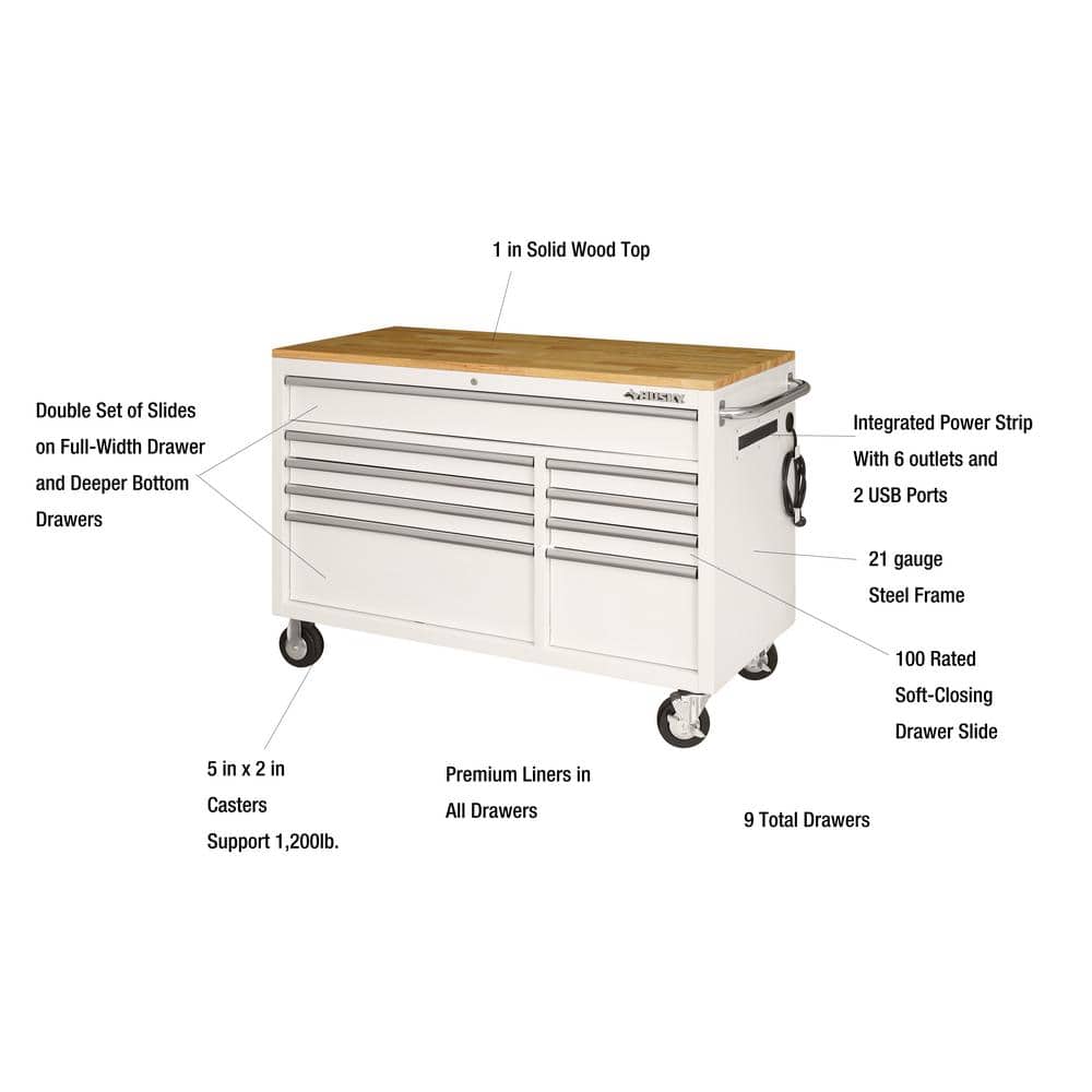 52 in. W x 24 5 in. D 9 Drawer Standard Duty Mobile Workbench Tool Chest with Solid Work Top and Pegboard in. Gloss White