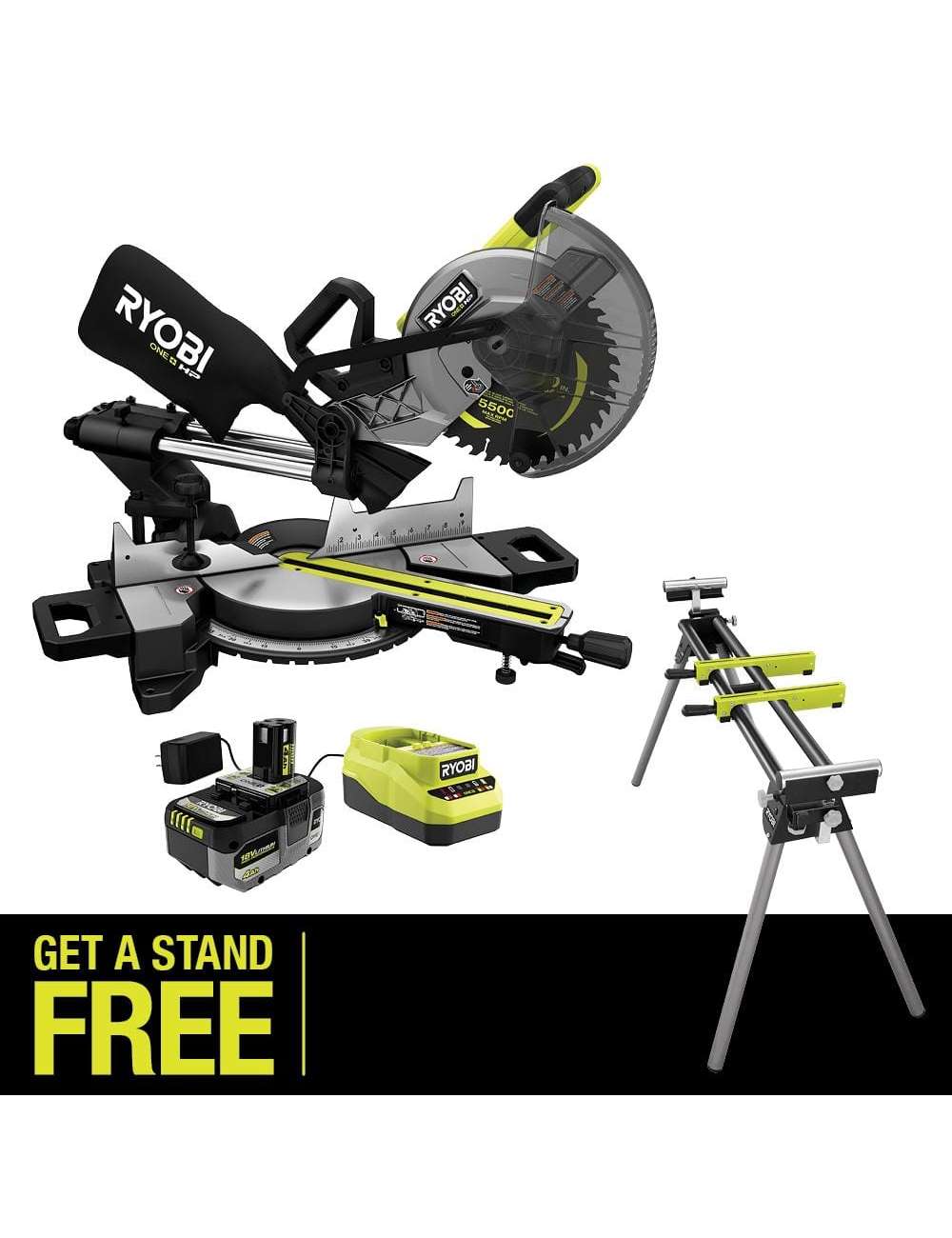 ONE+ HP 18V Brushless Cordless 10 in. Sliding Compound Miter Saw Kit with 4.0 Ah Battery, Charger, and Miter Saw Stand