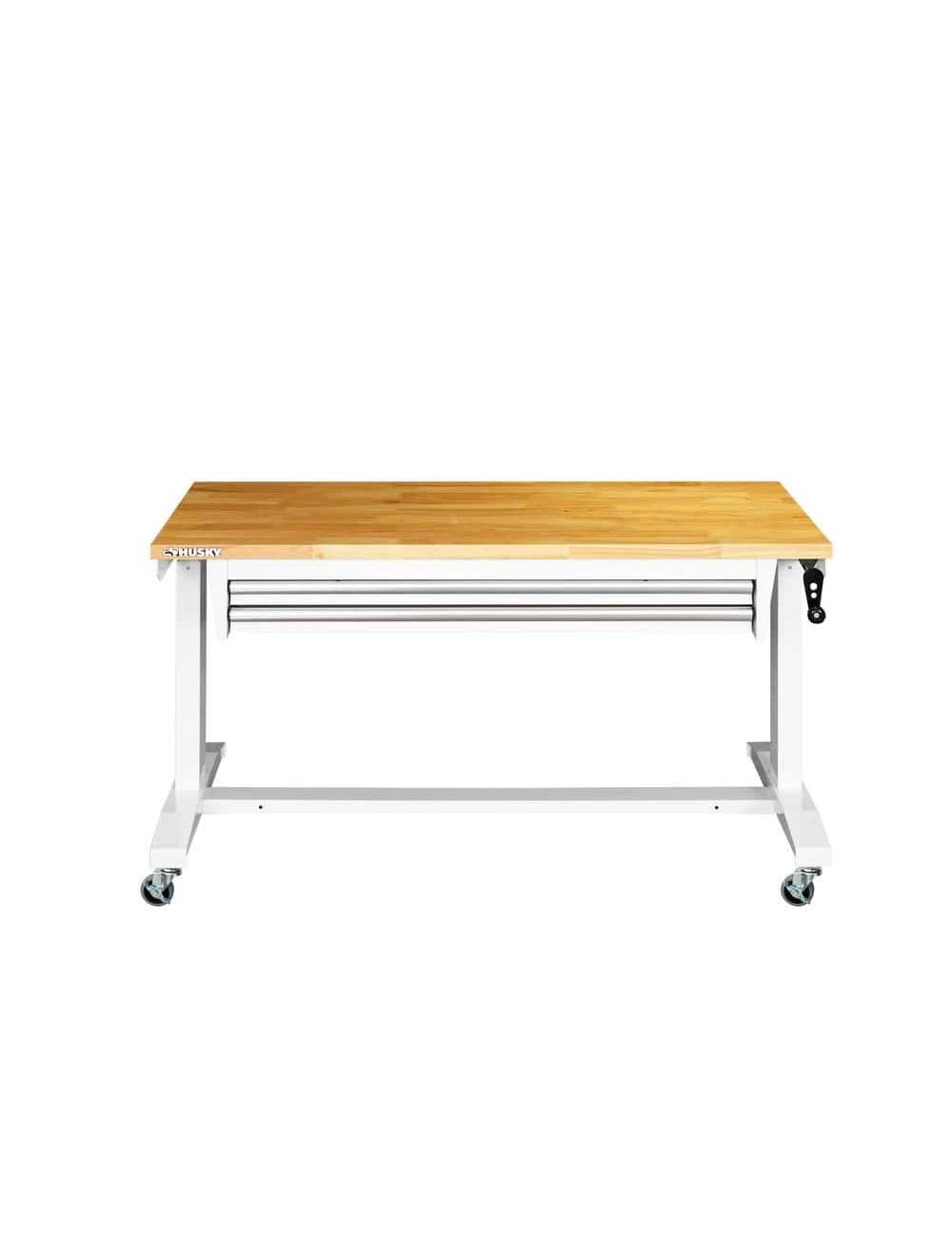 52 in. W x 24 in. D Steel 2-Drawer Adjustable Height Solid Wood Top Workbench Table in White