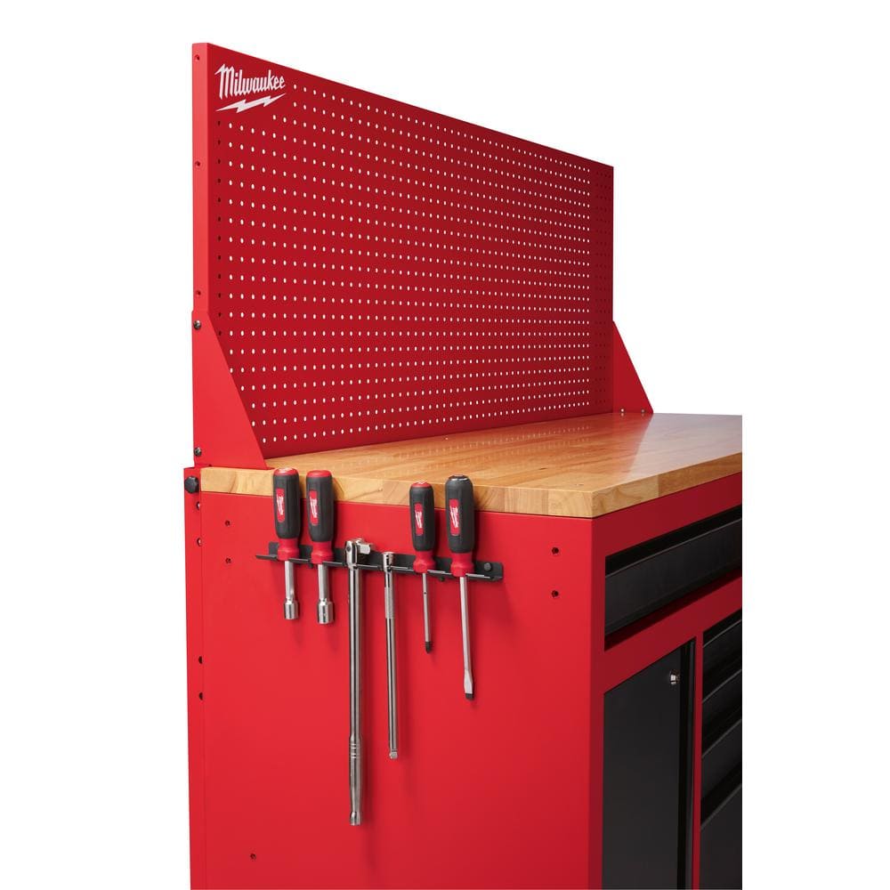 61 in. 11 Drawer 1 Door 22 in. D Mobile Workbench with Sliding Pegboard Back Wall in. Red Black