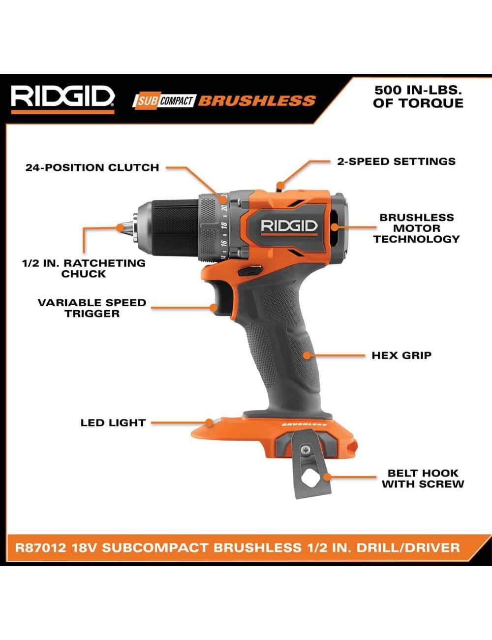 18V SubCompact Brushless Cordless 1/2 in. Drill/Driver Kit with (2) 2.0 Ah Batteries, Charger, and Tool Bag
