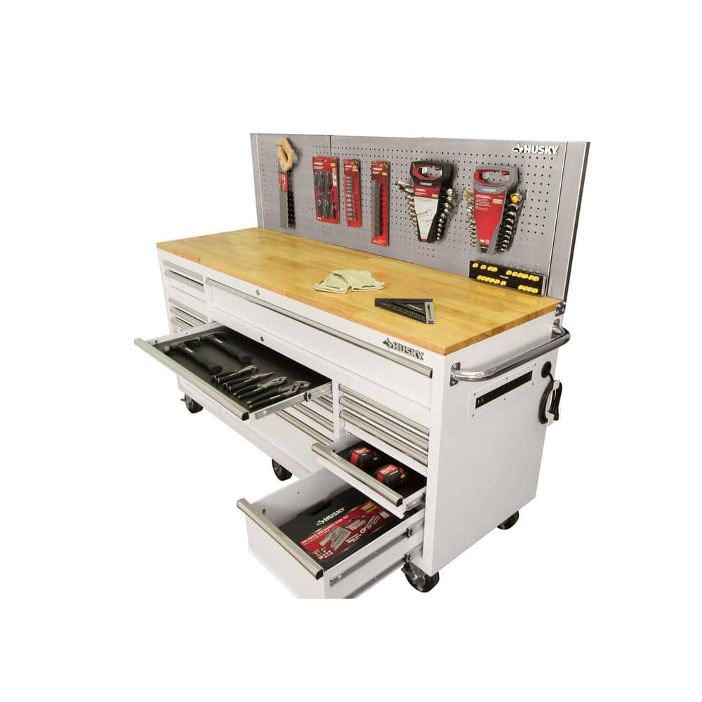 72 in. W x 24 in. D 18 Drawer Standard Duty Mobile Workbench Tool Chest with Solid Wood Top and Pegboard in. Gloss White