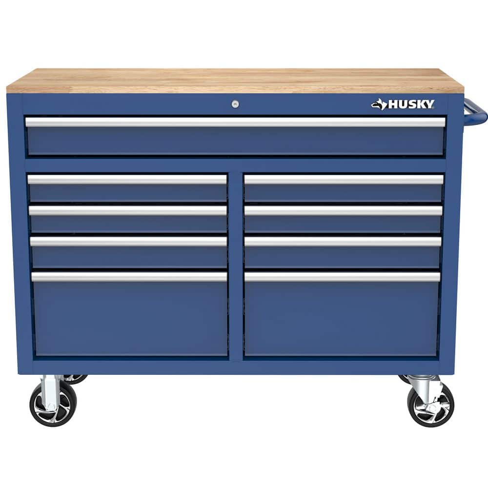 46 in. W x 18 in. D 9 Drawer Gloss Blue Mobile Workbench Cabinet with Solid Wood Top